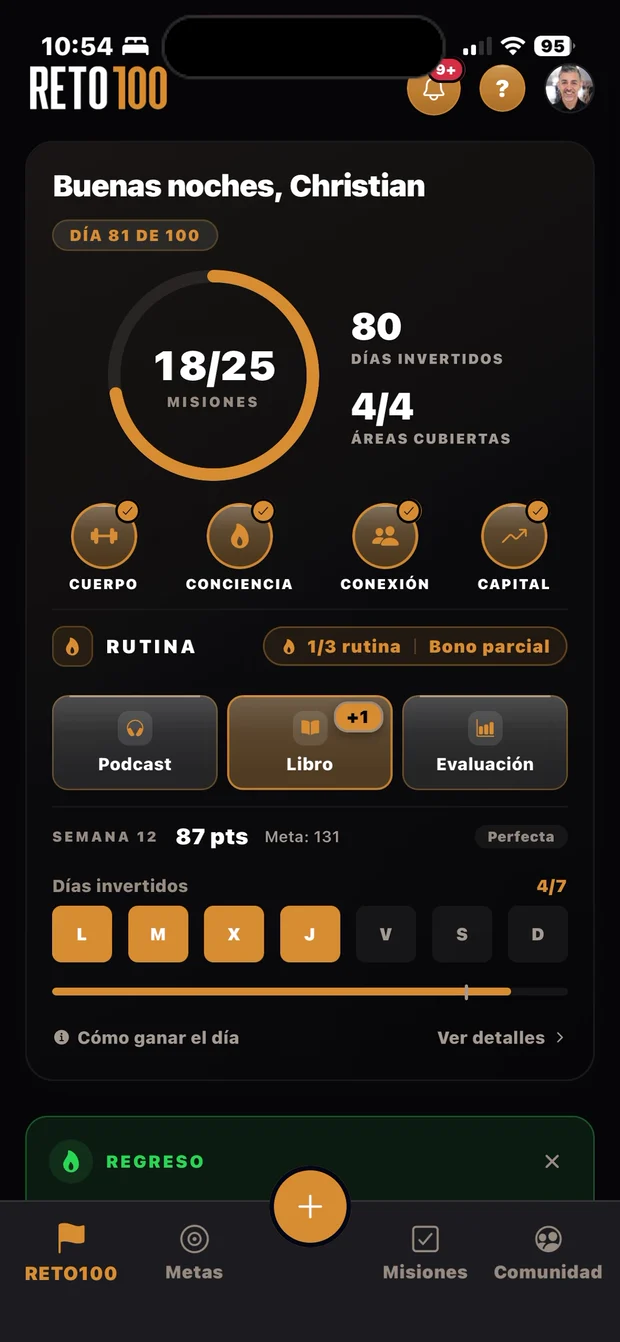 Pantalla principal de la app Reto100: día 81 de 100, 18 de 25 misiones cumplidas y las cuatro áreas del método con su estado del día.